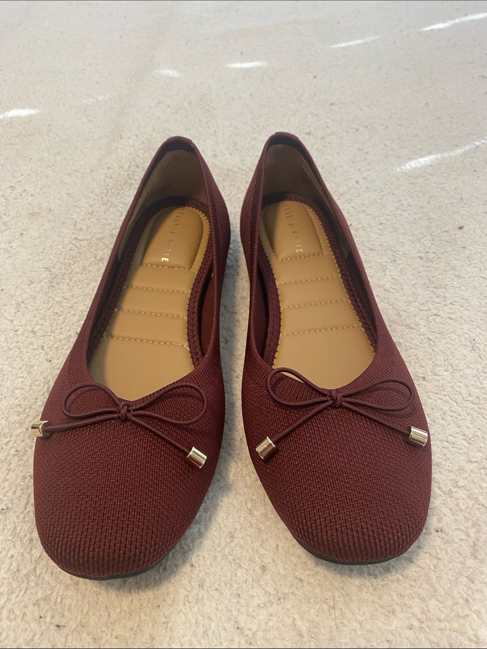 Kelly & Katie Wine Knit Ballet Flats with Bow and Gold Tips